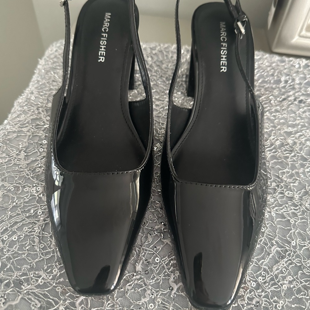 Marc Fisher Black Patent Slingback Square-Toe Pumps